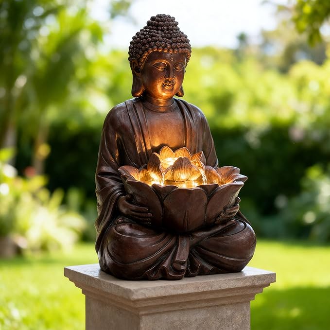 18.9" H Buddha Outdoor Water Fountain, Zen Style Garden Fountain with LED Lights and Pump, Relaxing Waterfall for Patio, Porch, or Yard Decor, Faux Bronze