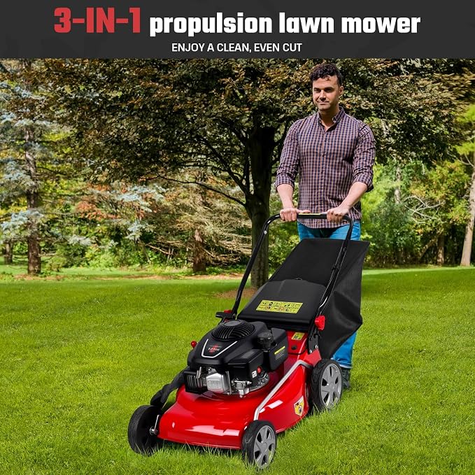 18" Lawn Mowers, 3 in 1 Self-Propelled Cordless Lawn Mower, 131cc Walk-Behind Push Gas Lawn-Mower with 50L Grass Bag, Heavy-Duty Gas Powered Lawnmower for Gardening Care Lawns Maintenance Yard Trimme - Image 2