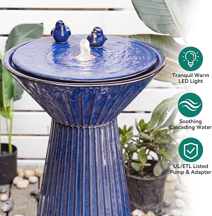28" Tall Ceramic Outdoor Fountain and Waterfalls, Patio Fountain with LEDs, Birdbath for Outside, Soothing Water Feature for Relaxing Front Porch, Garden, Backyard, Cobalt Blue, 2KD Birds