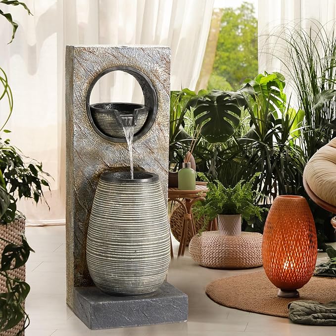 YOLENY Tall Outdoor Fountain with LED Lights, 39.7'' H Water Fountain Modern, Outdoor Freestanding Fountains for Garden Yard Home Decor
