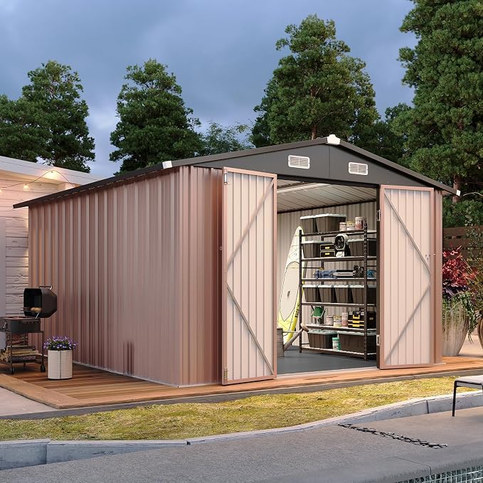 Aoxun 10x12 Shed with Brown Floor Galvanized Steel Outdoor Storage Shed Metal Garden Shed with Moisture-Proof Floor & Ventilation, Sloped Roof for Bike/Generator/Tool Storage (Brown with Floor) by Aoxun