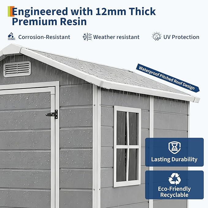 Resin Outdoor Storage Sheds 4x6 ft, Upgraded Double-Wall Outdoor Plastic Shed with Window & Double Doors, Waterproof Lockable Garden Shed (Light Gray, 4 X 6 ft) - Image 5