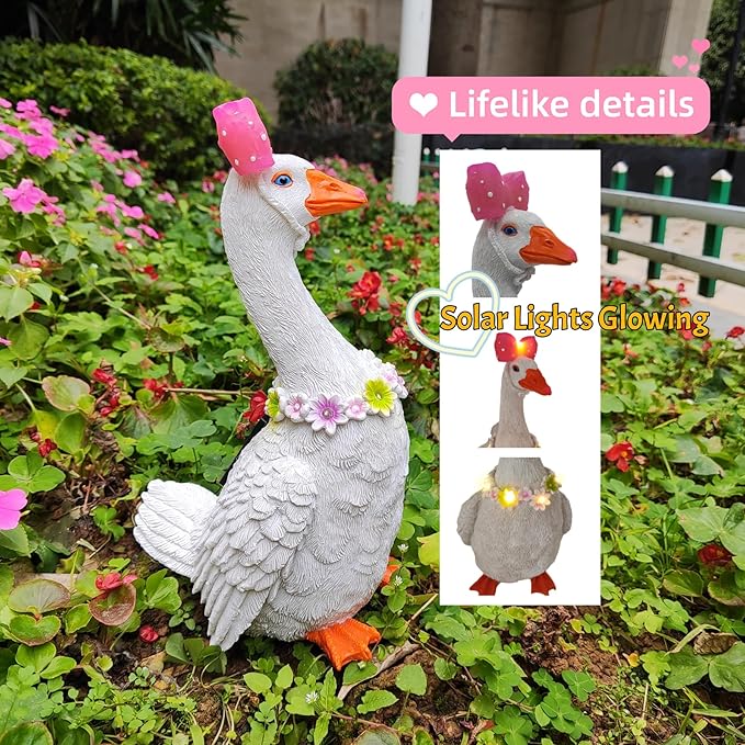Solar Porch Goose Statue with Glowing Goose Outfits, 12 inch Resin White Goose Customizable Outdoor Garden Decor, Funny Duck Sculptures for Garden Stairs, Farm, Yard, Patio, Lawn, Easter Mom Gifts