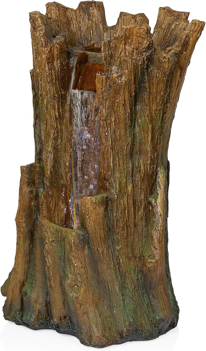 Alpine Corporation TZL294 Outdoor Tree Trunk Floor Fountain with Cool White LED Lights, Tiered Garden Decor, 22" H, Brown