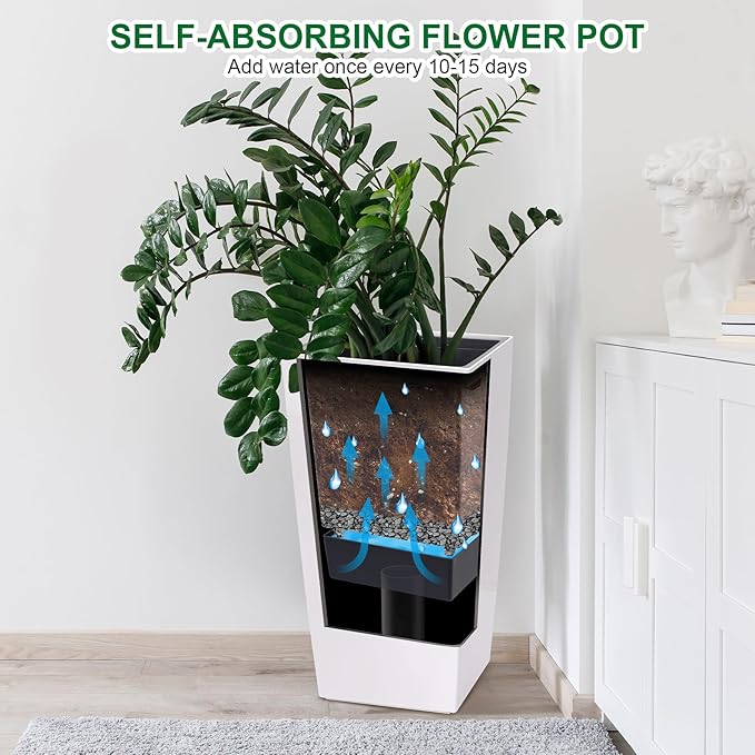 PeakPursuit 30" Tall Planters Set of 2, Outdoor＆Indoor Black Planter Pots, High Front Porch Planter Pots with Drainage Holes＆Water Level Monitor＆Inner Bucket, Automatic Watering, White
