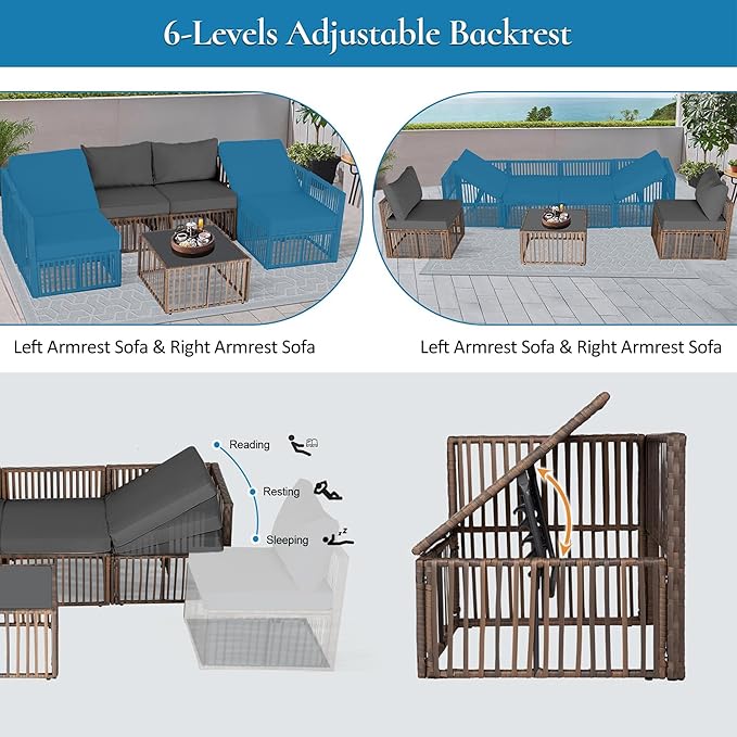 FHFO 7 Piece Patio Furniture Set, Outdoor Wicker Sectional Sofa Conversation Set Couch with Adjustable Backrest, Thick Cushion & Coffee Table for Garden, Porch, Poolside, Brown/Grey