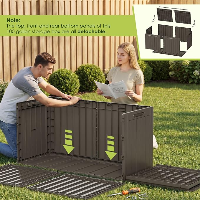 Devoko 100 Gallon Outdoor Storage Box, Waterproof Resin Deck Box for Patio Furniture, Lockable Container for Garden Cushions & Pool Supplies (Brown, 100 Gallon) - Image 5