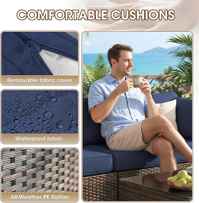 Grezone 7 Piece Patio Furniture Set with 44" Fire Pit Table, Outdoor Sectional Couch, PE Rattan Patio Conversation Sets with 4inch Cushions for Backyard Deep Blue (NY)