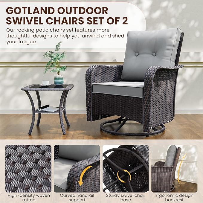 Gotland 12 Pieces Patio Furniture Set with Swivel Chair, PE Rattan Outdoor Furniture with 29.5'' High Backrest 4’’ Thick Cushions Coffee Table, Patio Set for Porch, Deck, Backyard, Gray