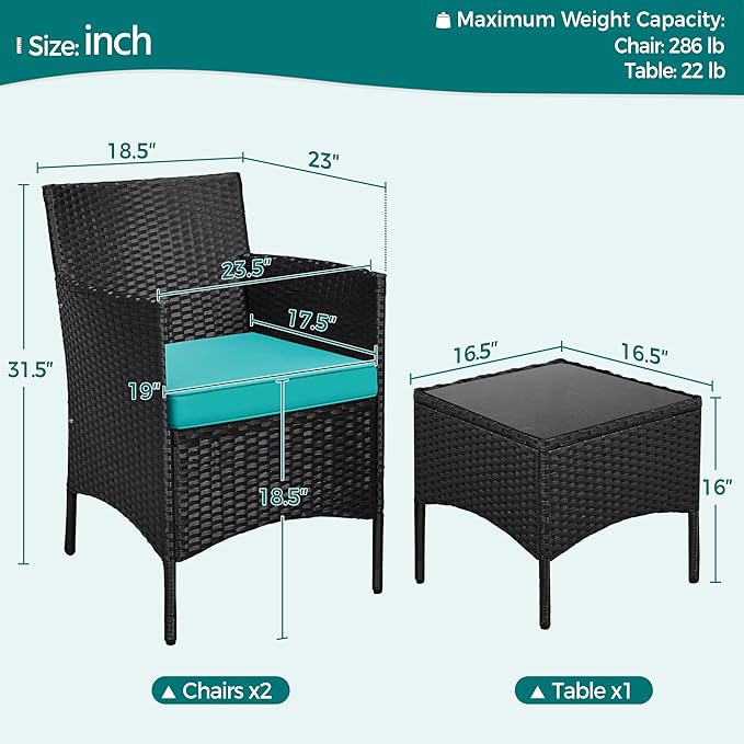 Yaheetech 3 Pieces Patio Porch Furniture Set, Outdoor PE Rattan Wicker Conversation Set with Soft Cushions, Glass Coffee Table & 2 Chairs for Garden/Deck/Courtyard/Poolside, Black/Cyan