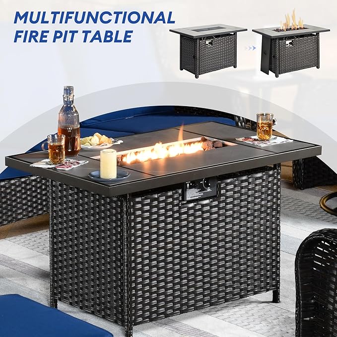 HOOOWOOO Patio Outdoor Furniture with Large Fire Pit Table,High Back 6 Piece Wicker Patio Conversation Set with Swivel Chairs,7 Person Couch Sofa Seating,Navy Blue