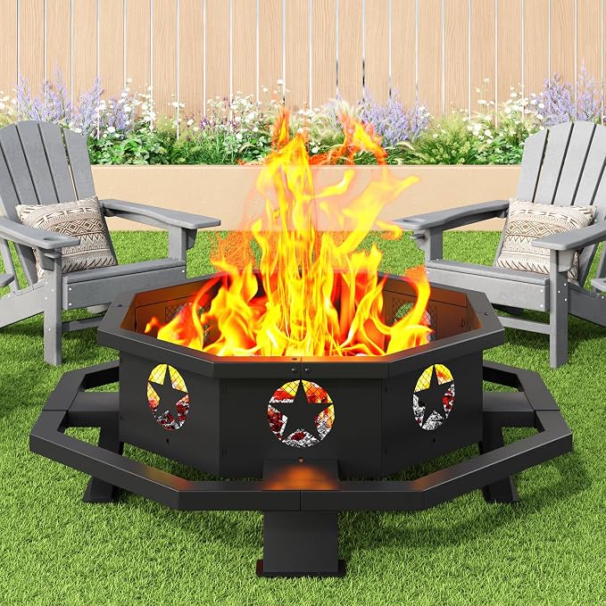 43 inch Fire Pit, Outdoor Wood Burning Fire Pit Octagonal Heavy Duty Firepit for Camping, Backyard, Patio, Black by ZIENLIFE