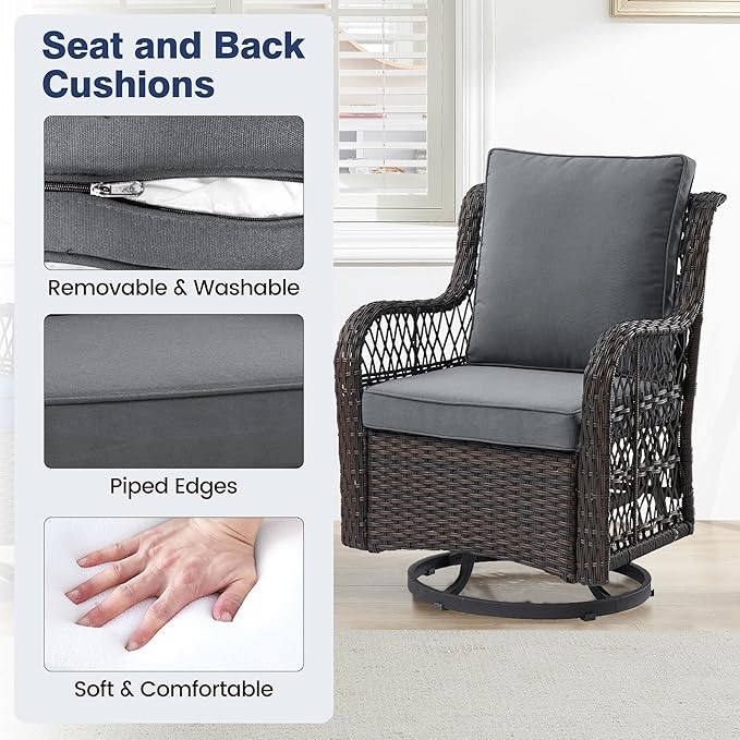 GarveeHome 3 Piece Outdoor Patio Set, Wicker Rocking Bistro Set with 2 Swivel Chairs & Tempered Glass Top Table, Rattan Outdoor Furniture with Cushions for Patio Porch Backyard