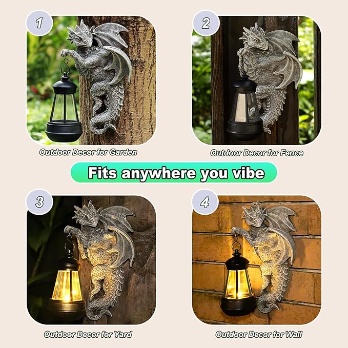 Solar Dragon Statue Outdoor Garden Decor - Medieval Fantasy Yard Art, Whimsical Lawn Ornaments, Unique Decorations Outdoor & Gifts, Weather-Resistant Animal Figurine Gift with Handmade Look