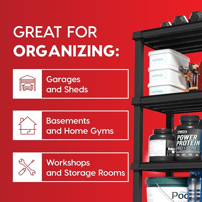 IRIS USA 3-Shelf Heavy Duty Plastic Storage Shelves, 450lb Capacity, 38" H x 36" W x 18" D, Large Modular Shelving Unit Storage Organizer for Garage, Home, Warehouse & Gym, Storage Rack - Black - Image 5