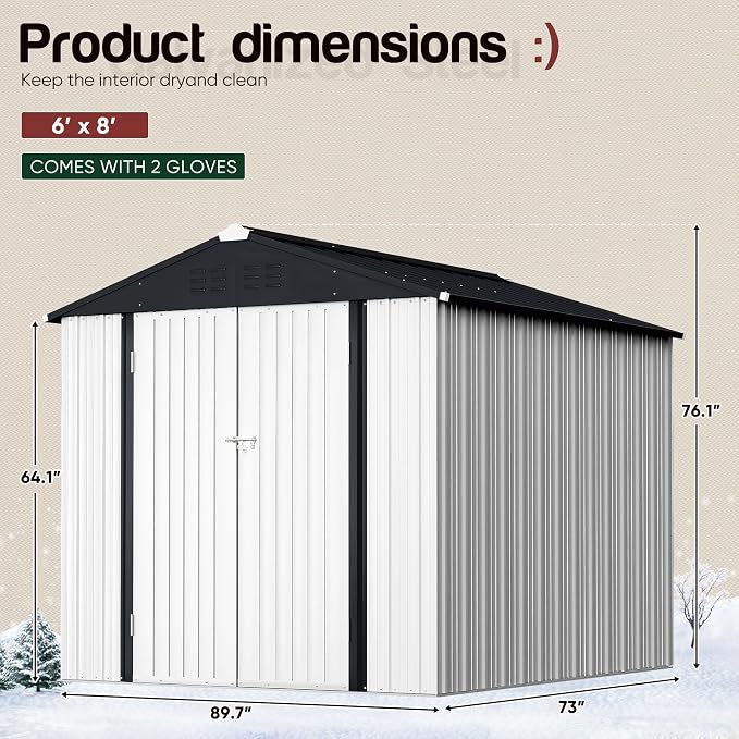 GUNJI 6 x 4 FT Shed Outdoor Storage Shed Metal Garden Shed with Lockable Door Outside Waterproof Tool Shed for Backyard, Patio, Lawn (White) - Image 3