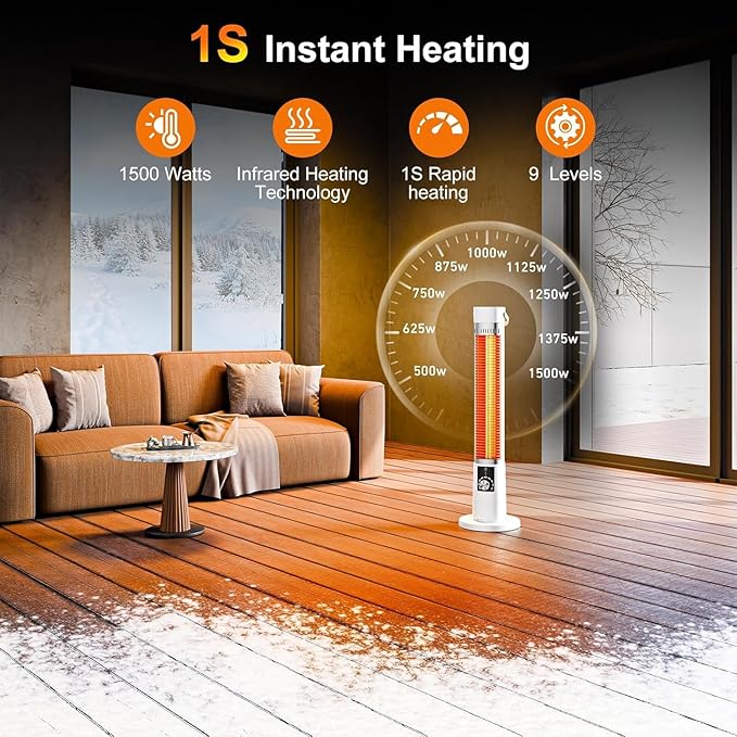 Outdoor Heater for Patio for porch garage indoor use, 9H Timer, 60° Oscillation & 9 Heat Level, Tip-Over/Overheating Protection, Safety Lock, Super Quiet, IPX5, White
