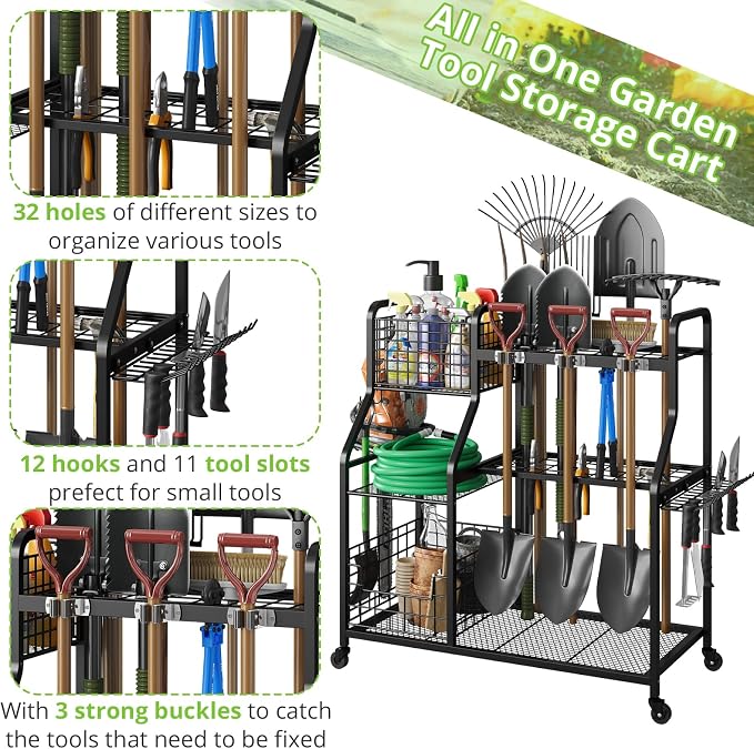 keomaisyto Garden Tool Organizer with Heavy Duty Wheels for Garage - with 2 Baskets, Large Yard Tool Organizer and Storage Holder, Utility Garden Tool Rack for/Shed/Garage/Yard/Basement/Lawn - Image 5