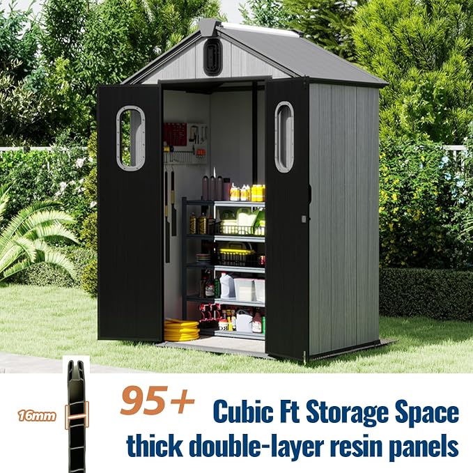 Domi 5x3Ft Resin Outdoor Storage Shed, Small Plastic Garden Shed with Carpet, Outside Weatherproof Storage Building for Tools, Bike, Lawn Mower, Patio, Backyard - Image 9