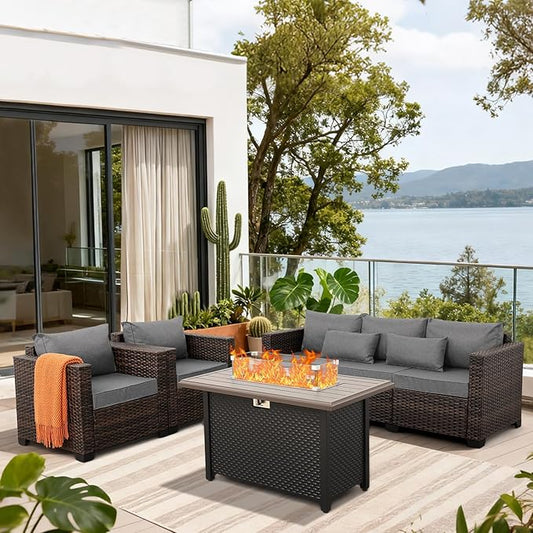 4 Pieces Outdoor Patio Furniture Set 43 In Outdoor Fire Pits Wicker Outdoor Furniture Chairs and Sofa 60000 BTU Outdoor Propane Fire Pit Table Non-Slip Cushions and Waterproof Covers, Dark Grey