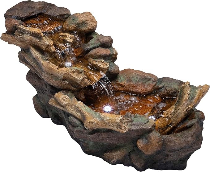 Alpine Corporation TZL288 Indoor/Outdoor Cascading Stone River Waterfalls Floor Fountain with LED Lights, 40 inches Long, Brown