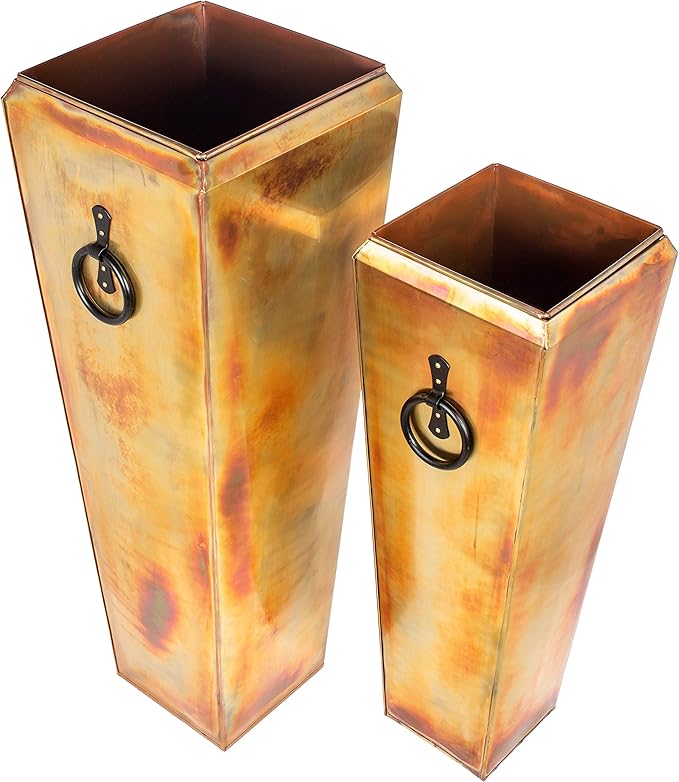 H Potter Tall Copper Planters Set of 2 – Rustic Copper Hammered Stainless Steel Indoor Outdoor Planter with Insert & Drainage – Large Decorative Floor Planters for Entryway Porch Patio