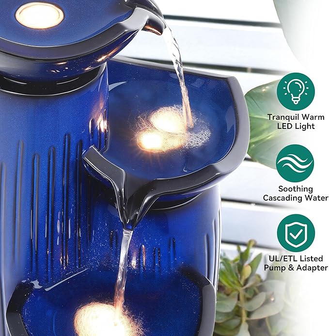 30" H Ceramic Outdoor Water Fountain with LED Lights, 3-Tier Cascading Lotus Bowls Water Feature, Tranquil Waterfall for Relaxing Garden, Patio, Yard, Cobalt Blue, Vertical Striped Texture