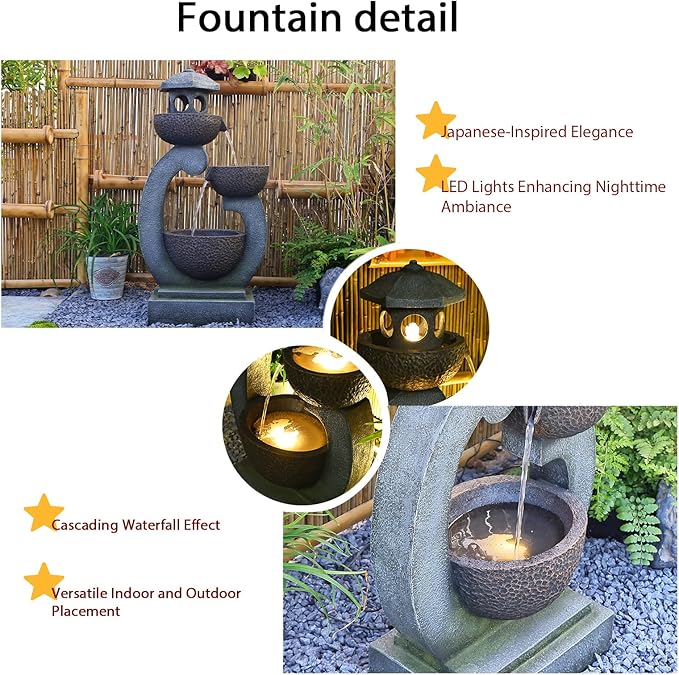 Water Fountain Outdoor Zen Feature - Garden Tranquil Pagoda Waterfalls Fountains Bowl with LED Lights & Pump for Patio Yard Porch Pool, Gray, 35.5 inches