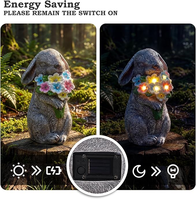 PETAFLOP Solar Powered Rabbit Garden Light, Easter Bunny Holding Flower with Warm White LED, Outdoor Decor for Yard, Pathway, Lawn, Patio, Balcony