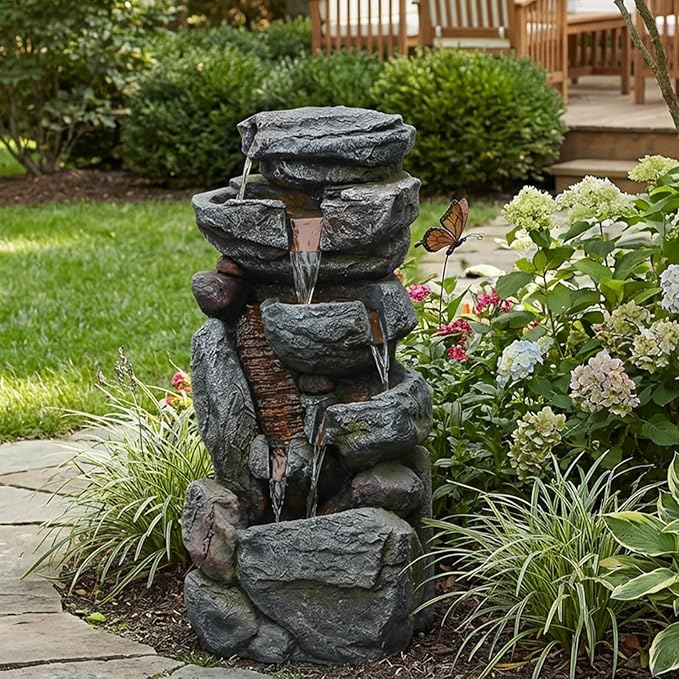 Water Features Outdoor Patio 6-Tier Cascading Rock Water Fountain 31.5''Water Fall Fountain Outside Resin Fountain with Light Mossy Rock Floor Garden Fountain Indoor for Relaxation Home Decor