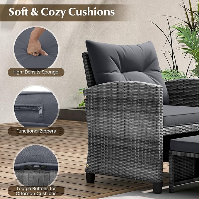 KOTEK 5 Pieces Patio Furniture Set with Ottomans, Wicker Patio Conversation Set with Coffee Table & Cushions, PE Rattan Outdoor Lounge Chairs for Backyard, Porch, Poolside (Mix Grey- Grey)