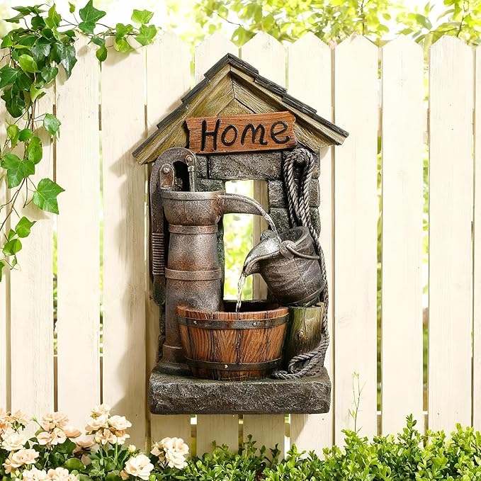 Vintage Country Style Wall-Mounted and Freestanding Outdoor Fountain, 28.7 H Resin Garden Water Feature with Water Well and Wine Barrel for Gardens, Landscaping, Patios, Balconies, Lawns