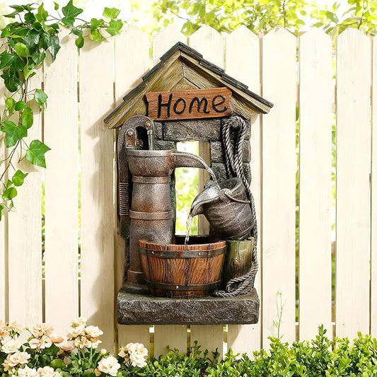 Vintage Country Style Wall-Mounted and Freestanding Outdoor Fountain, 28.7 H Resin Garden Water Feature with Water Well and Wine Barrel for Gardens, Landscaping, Patios, Balconies, Lawns
