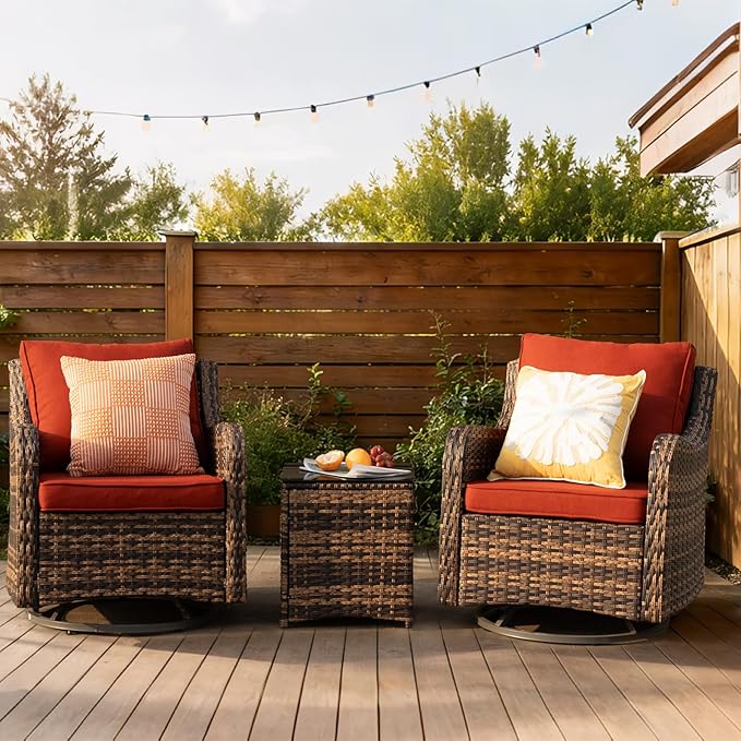 MEISSALIVVE 3 Pieces Patio Furniture Set with Swivel Chair, Outdoor Swivel Rocker with Washable Cushions & Tempered Glass Tabletop, Outdoor Rattan Conversation Set for Lawn Backyard Porch (Red)