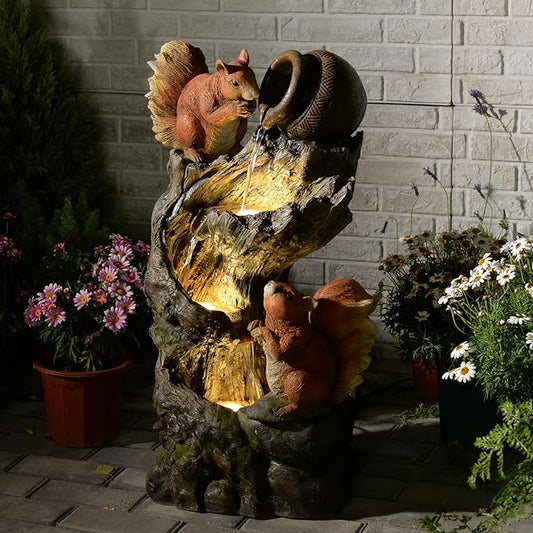 Garden Fountain Outdoor with Built-in Pump & LED Lights - Waterfall Fountain for Patio,Yard, Backyard - Realistic Animal Sculpture