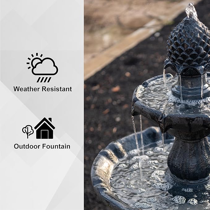 XBrand 44" Solar Powered 2-Tier Outdoor Water Fountain, Fiberglass Resin Fountain with Auto Shut-Off Pump, Black