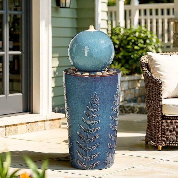 29.5" H Ceramic Sphere Water Fountain with LED Lights, Modern Nature-Inspired Design, Teal Blue Glaze with Leaf Patterns & Pebbles, Soothing Trickling Water Feature for Patio, Yard and Garden