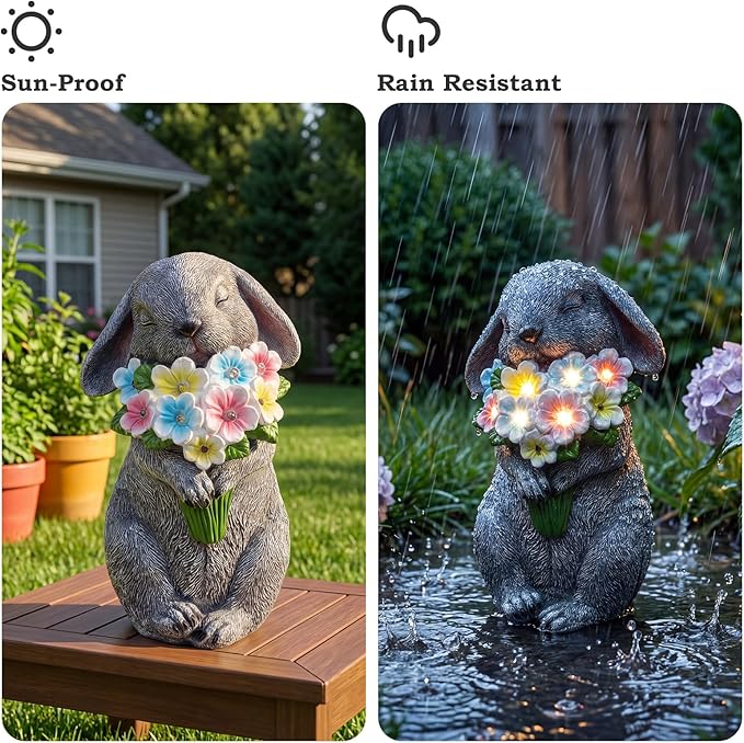 PETAFLOP Solar Powered Rabbit Garden Light, Easter Bunny Holding Flower with Warm White LED, Outdoor Decor for Yard, Pathway, Lawn, Patio, Balcony