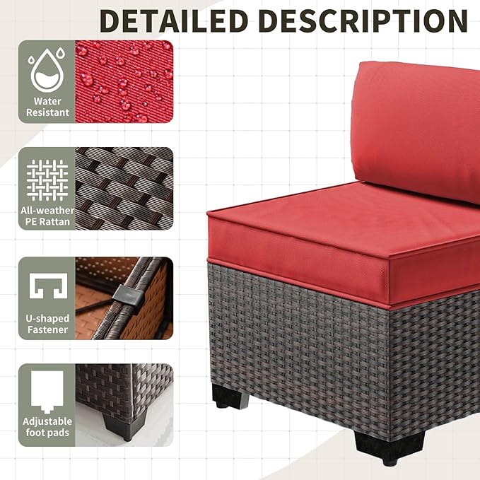 Gotland 6 Pieces Patio Furniture Set with 1 Coffee Table, 5 Seater Rattan Outdoor Sectional with Wide Armrests 29.5'' High Backrest Thick Waterproof Cushions, Conversation Sets for Deck Garden Red