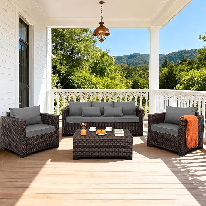 Outdoor Patio Furniture Set 4 Pieces Wicker Outdoor Furniture Chairs and Sofa Patio Storage Table Non-Slip Cushions and Waterproof Covers, Dark Grey