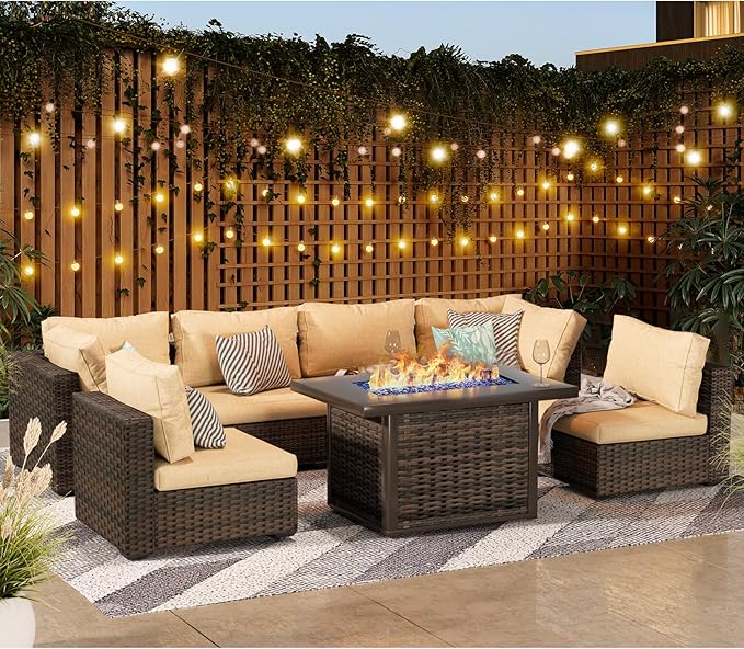 Grezone 9 Piece Patio Furniture Set with 44" Fire Pit Table, Outdoor Sectional Couch, PE Rattan Patio Conversation Sets with 4inch Cushions for Backyard Beige