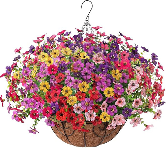 HyeFlora Artificial Fake Hanging Plants Flowers with Basket Outdoor Decor Faux Silk Dasiy Flower Arrangements in Pot Planter for Porch Home Indoor Patio Garden Yard Decoration by HyeFloraartificialflowers