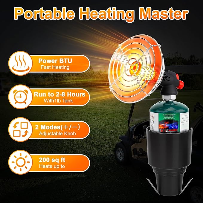 Golf Cart Heater, Portable Propane Heater with Cup Holder Fits Most Golf Cart Accessories Car, Safe Camping Tent Heaters Cordless with Electronic Ignition, Control Valve, Winter outdoor Heating Helper