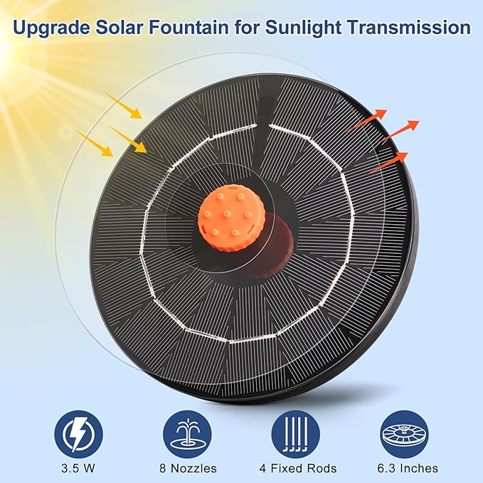 3.5W Solar Fountain, Upgrade Solar Water Fountain Pump Outdoor,Solar Bird Bath Fountains with 4 Fixed Rods & 8 Orange Nozzles for Bird Bath, Garden, Pond, Pool