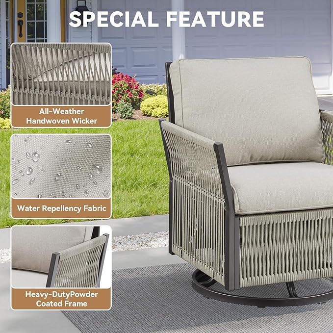 Wicker Outdoor Patio Furniture Set, 5 Piece Patio Conversation Set with Swivel Rocker Chairs, Ottomans and Coffee Table for Garden, Porch, Backyard (Beige)