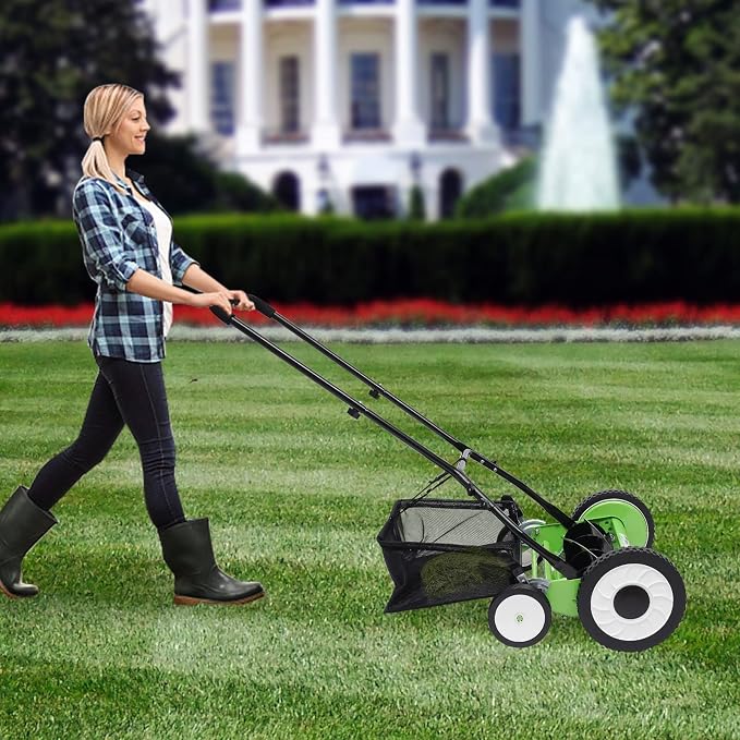 16-Inch 5-Blade Cordless Manual Reel Lawn Mower, Adjustable Cutting Height Manual Reel Mower with Removable Grass Collection Basket, 4 Wheels - Image 9