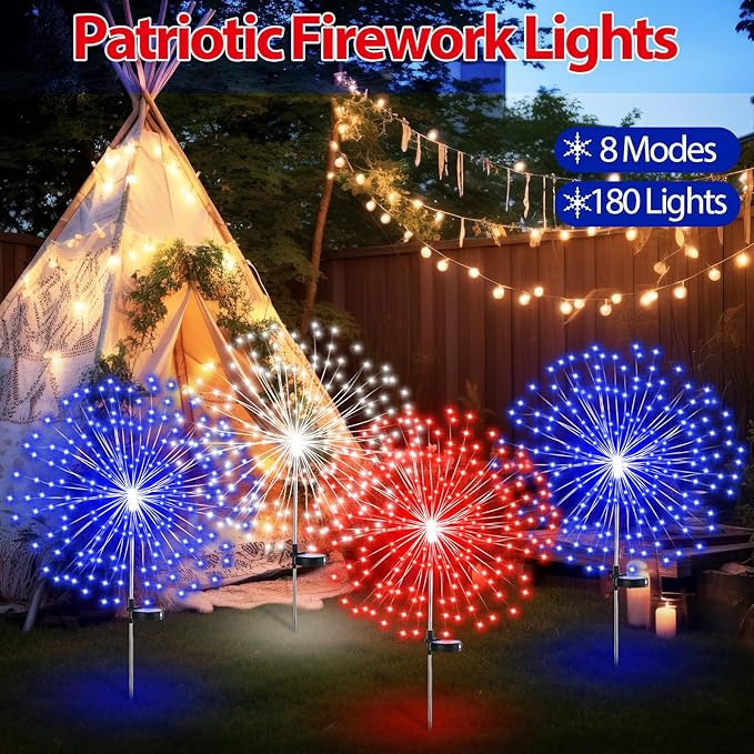 9 Pcs 4th of July Solar Firework Stake Lights 180 LED 8 Modes Solar Waterproof LED Sparkler Lights Outdoor Patriotic Decoration for Memorial Independence Day Garden Patio Yard (Red, Blue, White)