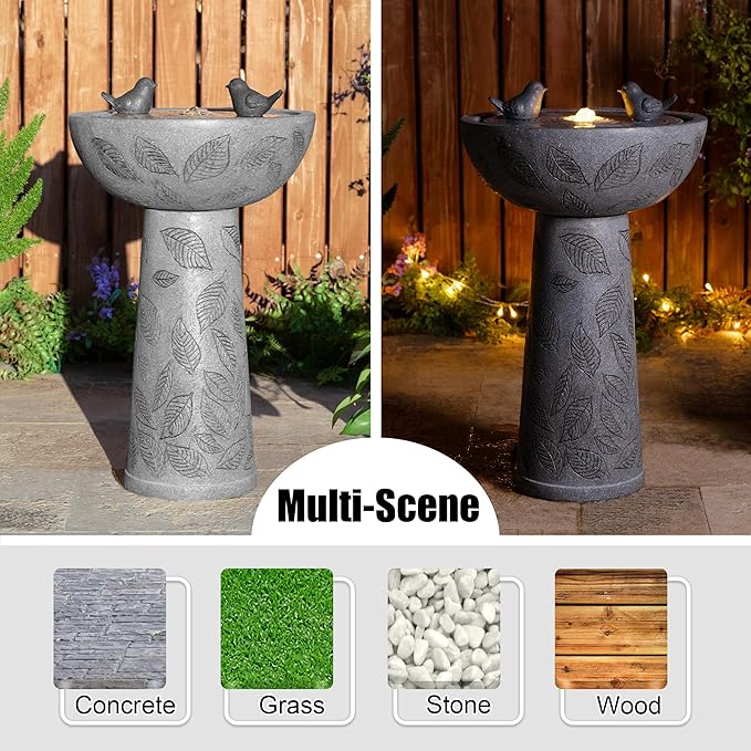 Glitzhome Outdoor Water Fountain with Lights & Pump, Bird Bath Fountain with Birds, 27.5" H Polyresin Floor Waterfall Fountains Water Feature for Garden, Yard, Patio, Home Decor