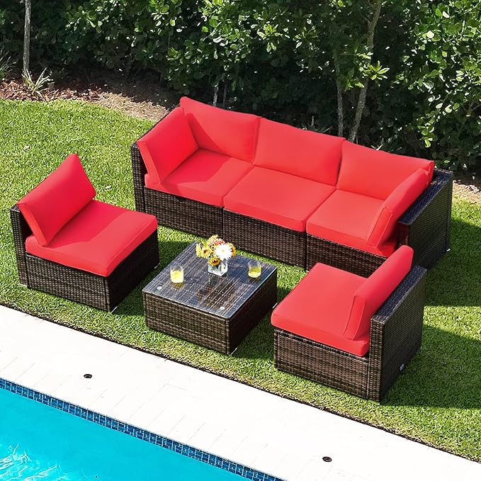 Tangkula 6 Pieces Patio Furniture Set, Outdoor Wicker Conversation Set with Glass Coffee Table, Wicker Sofa Set with Cushions, Rattan Sectional Conversation Set for Backyard Garden Poolside, Red