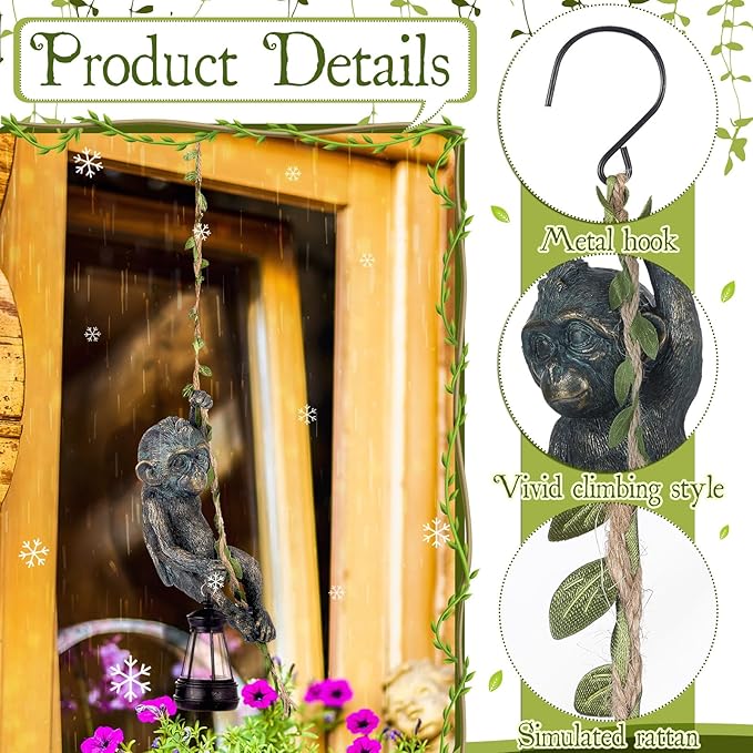 Solar Light Outdoor Monkey Statues Bronze 7.48 Inch Resin Chimpanzee Baby Monkey Climbing on Vine with LED Lantern Waterproof Hanging Figurine with Hook for Yard Garden Wall